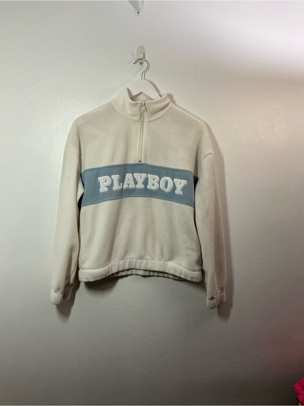 PLAYBOY Cream Half-Zip Fleece with Blue Chest Panel Women’s Size XS